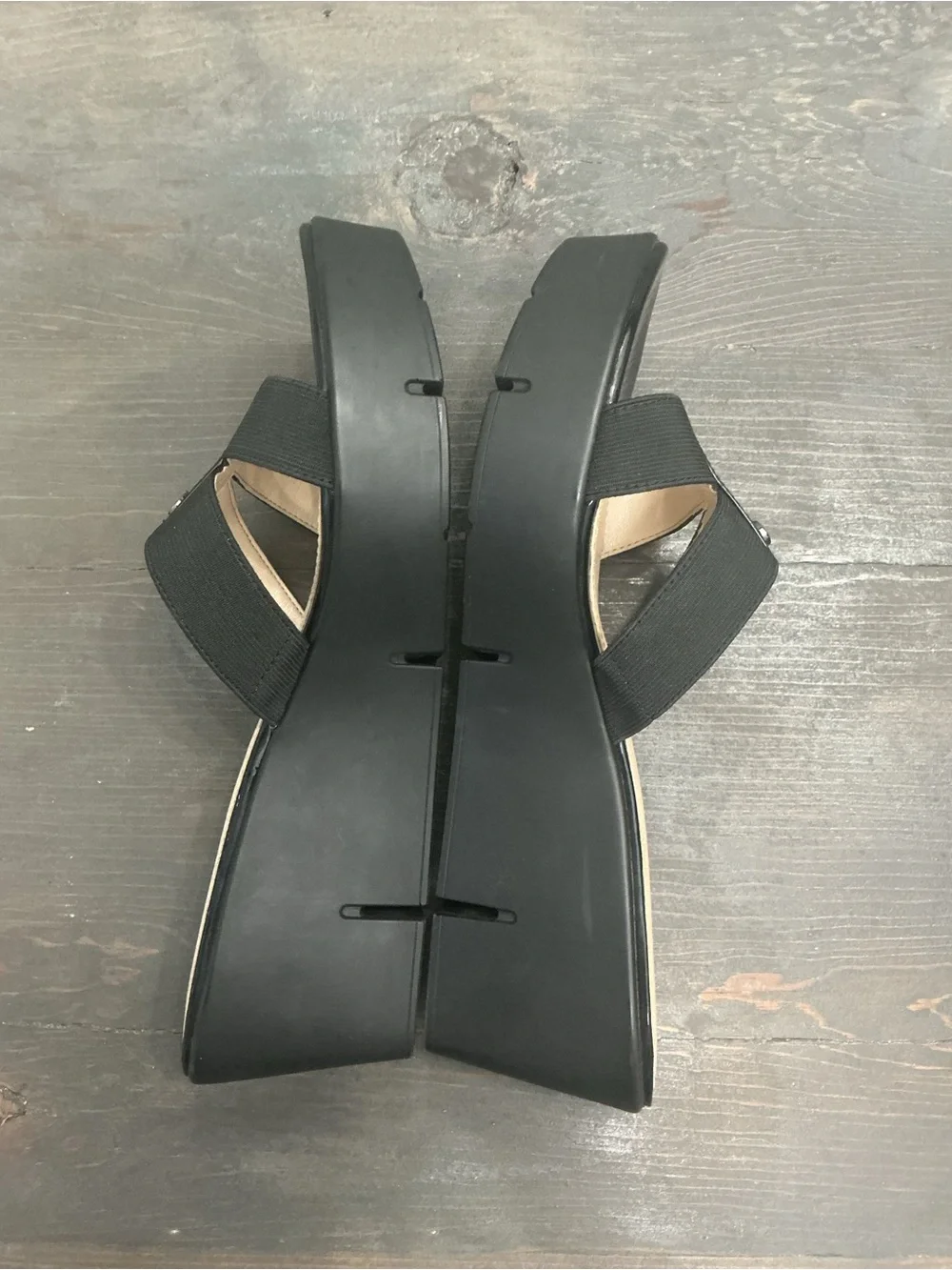 Calvin Klein Ying Black Stretchy Strap Platform Wedge Sandals Size 8.5